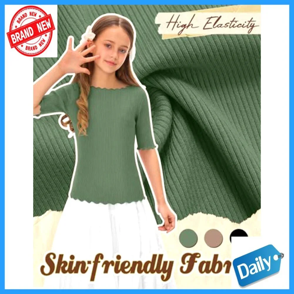 Girls Ribbed Half Sleeve Tees 3-Pack Boat Neck Lettuce Trim Tops Ages 5-16